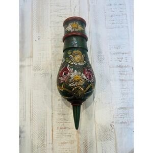 Antique turned wood hand painted primitive floral‎ wooden vase.